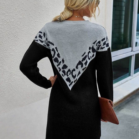Black Grey Oversized Chevron Leopard print Sweater Dress - Picture 4 of 11